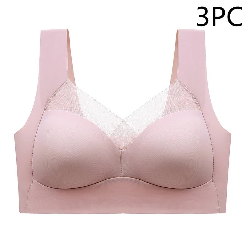 Light pink seamless wireless bra with mesh panel and wide straps, 3-piece set