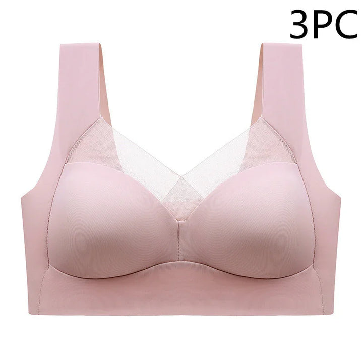Light pink seamless wireless bra with mesh panel and wide straps, 3-piece set