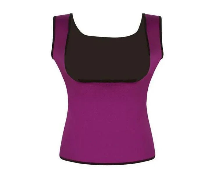 Purple and black neoprene waist trainer vest, sleeveless and form-fitting, on white background.