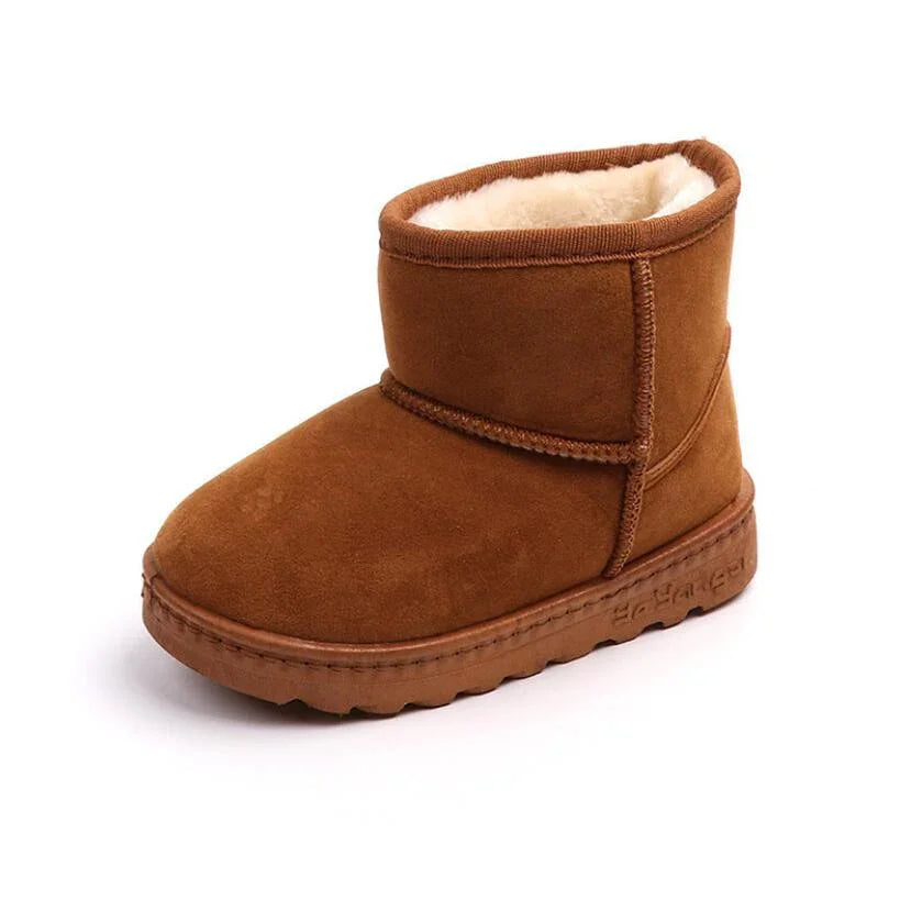 Brown suede winter boot with plush fur lining and rubber sole on white background