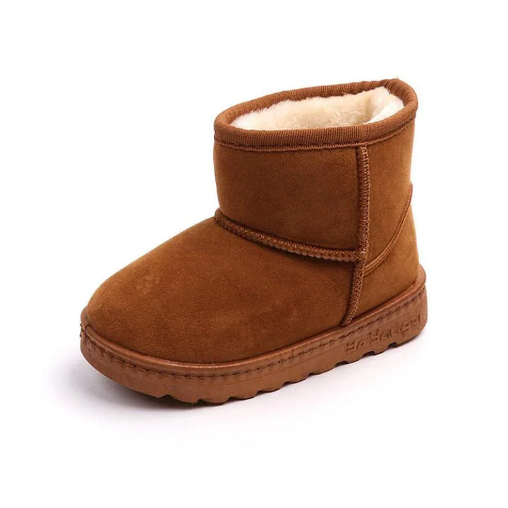 Brown suede winter boot with plush fur lining and rubber sole on white background