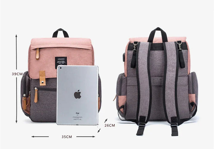 Pink and gray casual backpack with multiple pockets shown from front and back with size dimensions and iPad for scale