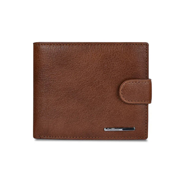Brown leather men's wallet with snap closure and metal brand logo on white background