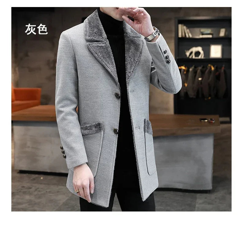 Man wearing stylish gray winter wool coat with faux fur collar and pockets in modern indoor setting