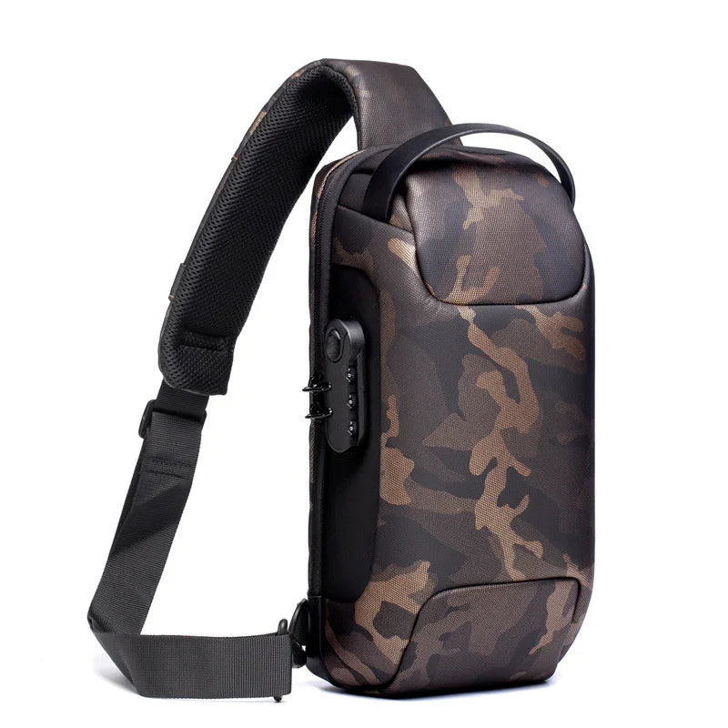 black and brown camouflage sling backpack with padded adjustable strap and side lock