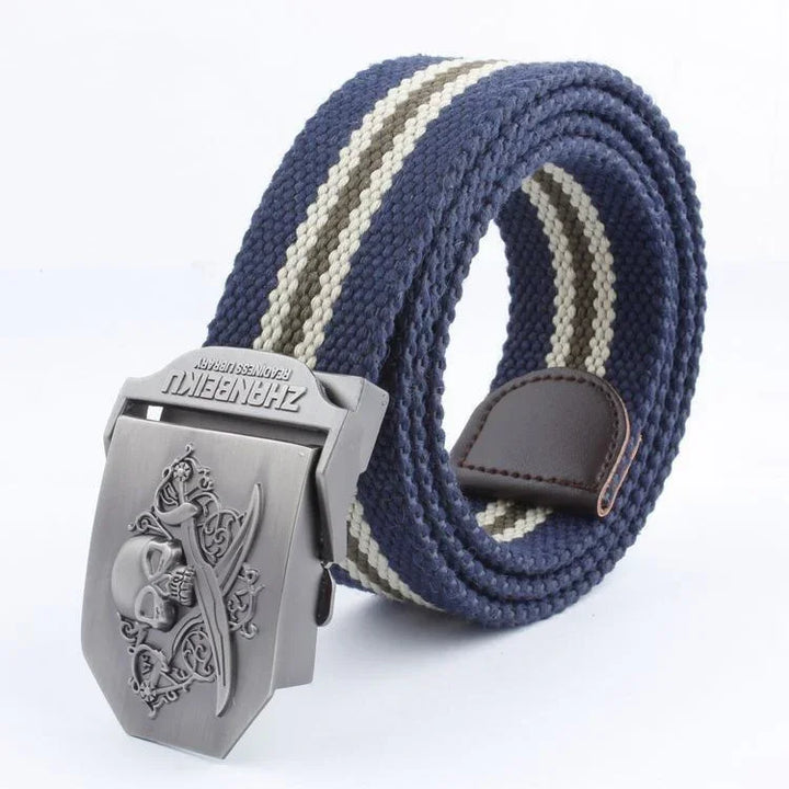 Blue and white striped fabric belt with metal skull and cross swords buckle and leather end