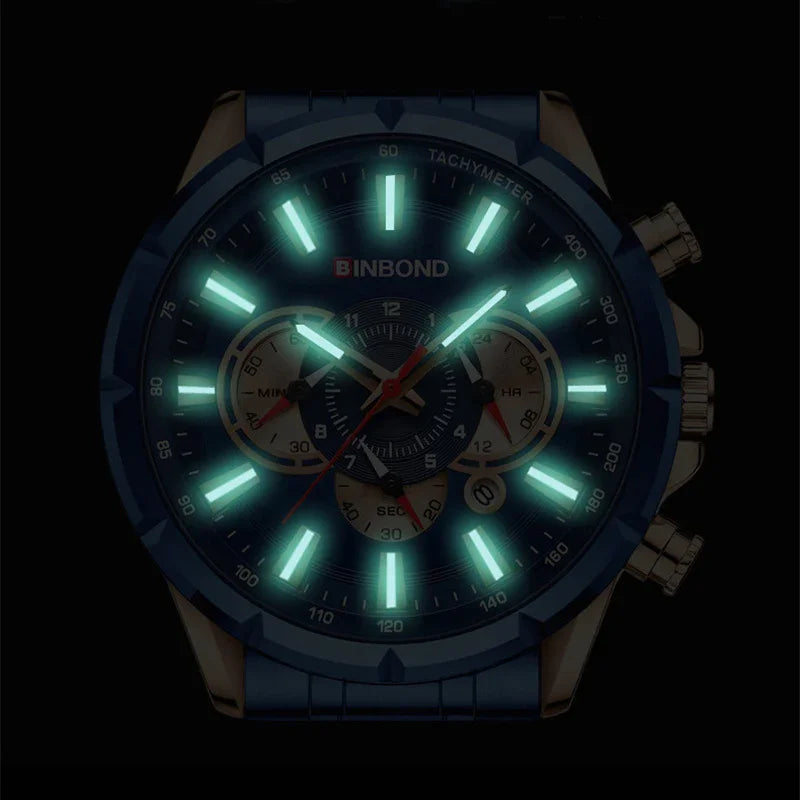 BINBOND men's chronograph watch with luminous hands and markers, tachymeter bezel, blue and gold design