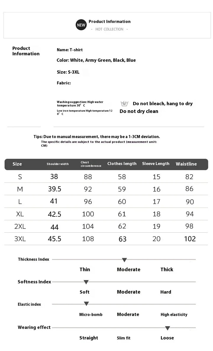 T-shirt product info and size chart with colors, fabric care instructions, and fit indices