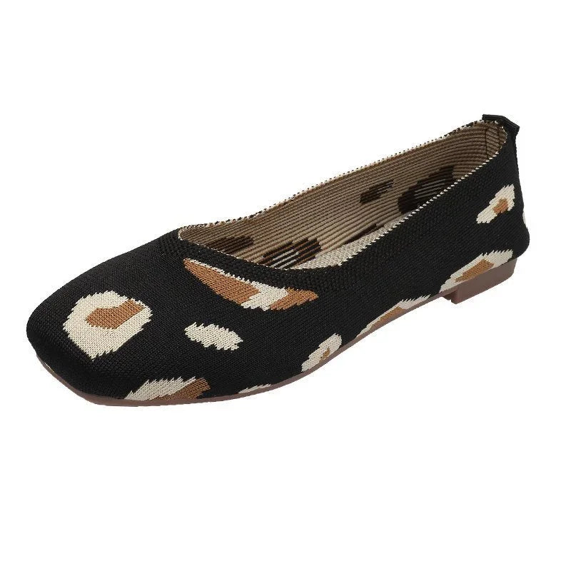 Black women's flat shoe with beige and brown leopard print pattern and square toe design