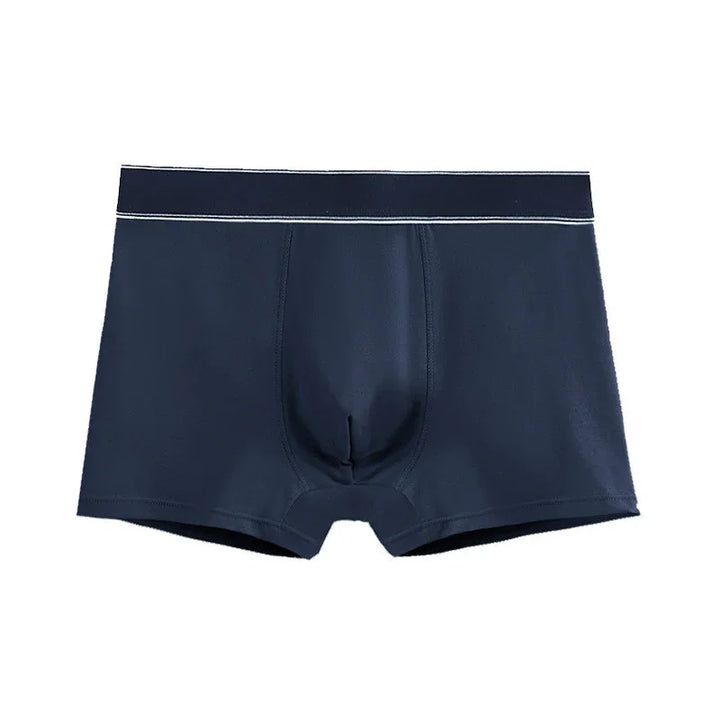 Navy blue men's boxer briefs with white stitched waistband and contoured front pouch
