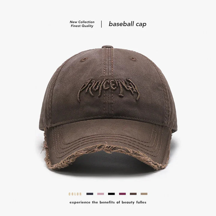 brown distressed baseball cap with embroidered logo on front, vintage casual style