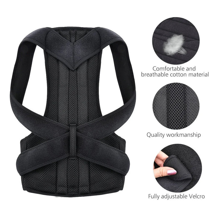 Black posture corrector with breathable cotton material, quality mesh workmanship, adjustable Velcro straps