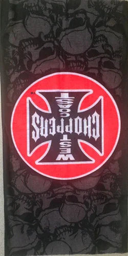 Black fabric with dark skull patterns and a red circular West Coast Choppers logo featuring an iron cross