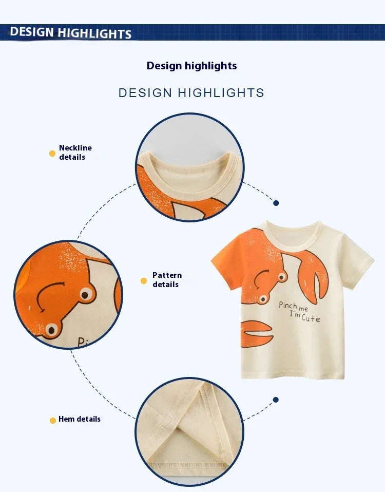 Kids cream T-shirt with orange crab print, detailed neckline, pattern, and hem stitching