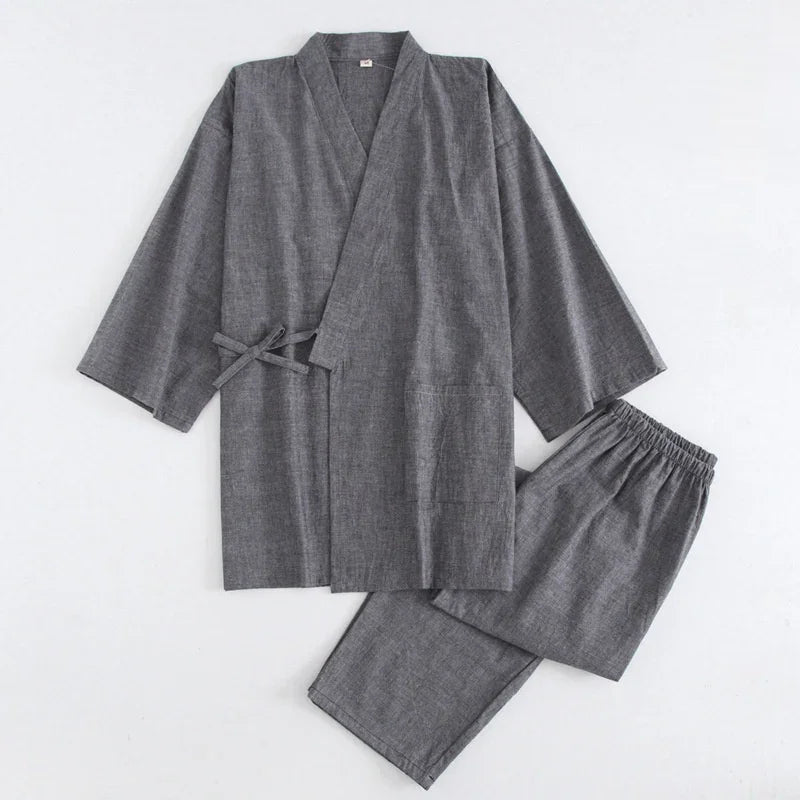 gray cotton Japanese kimono-style lounge set with wrap jacket and elastic waist pants