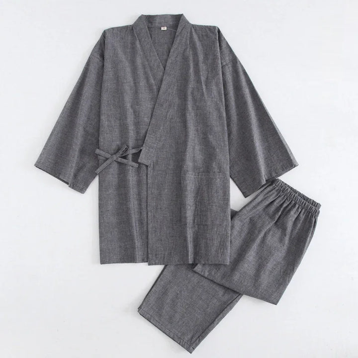 gray cotton Japanese kimono-style lounge set with wrap jacket and elastic waist pants