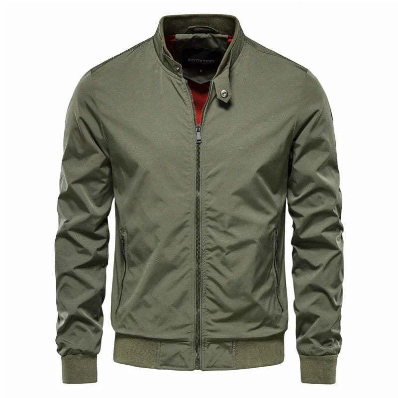 Men's olive green bomber jacket with front zipper, snap collar, zip pockets, and ribbed cuffs