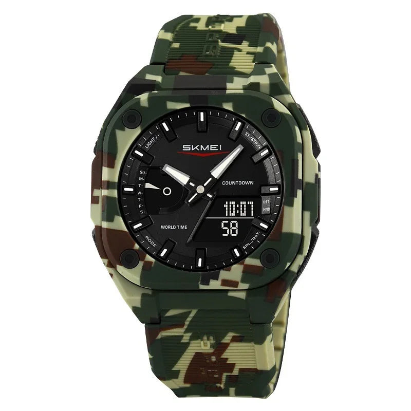 Camouflage SKMEI digital-analog sport watch with countdown and world time features