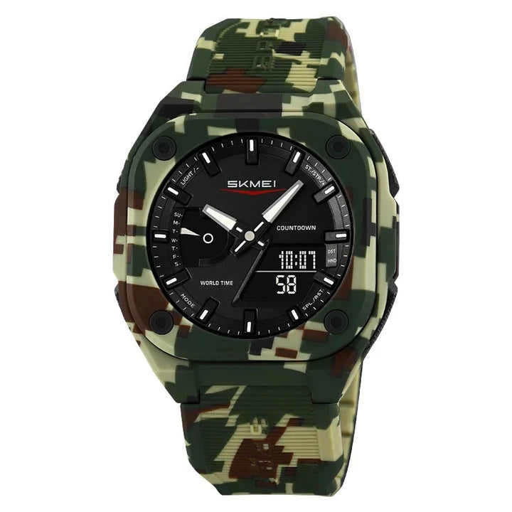 Camouflage SKMEI digital-analog sport watch with countdown and world time features