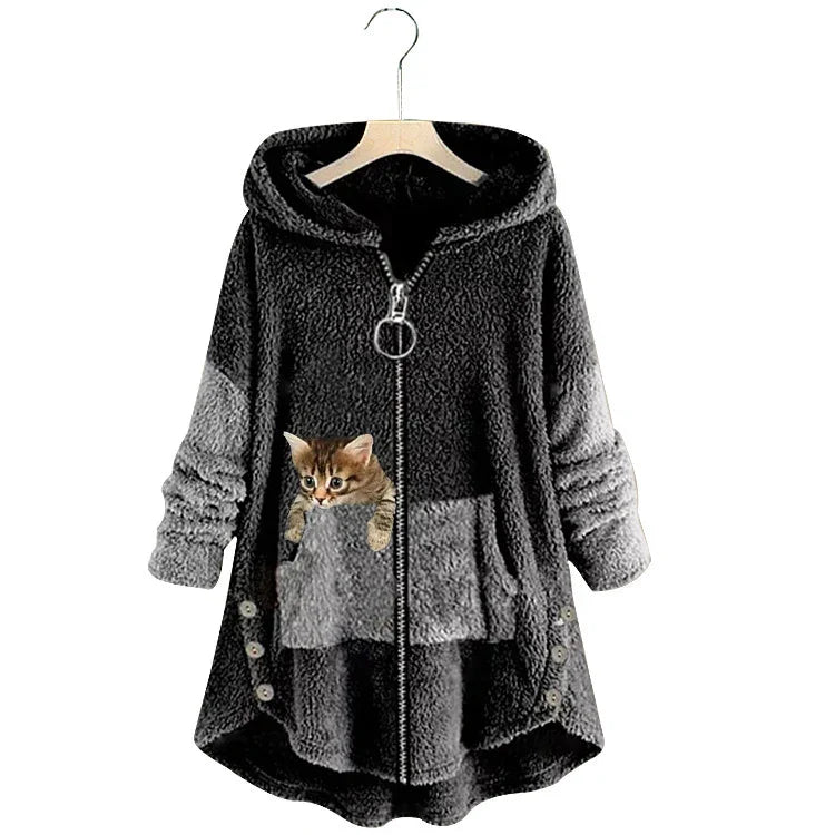 Cozy black and gray sherpa fleece zip-up hoodie with hood and front pocket featuring a kitten graphic