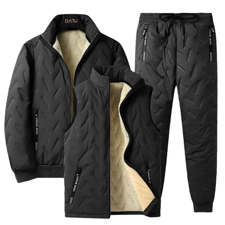 Black quilted men's winter jacket, vest with sherpa lining, and matching drawstring pants set