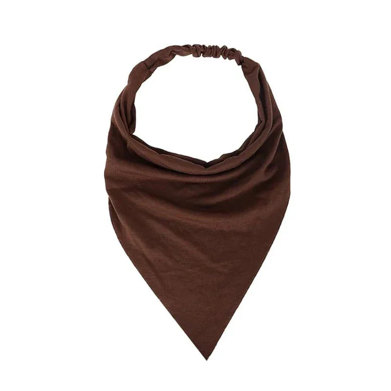 Brown triangular bandana scarf with elastic neckband on white background