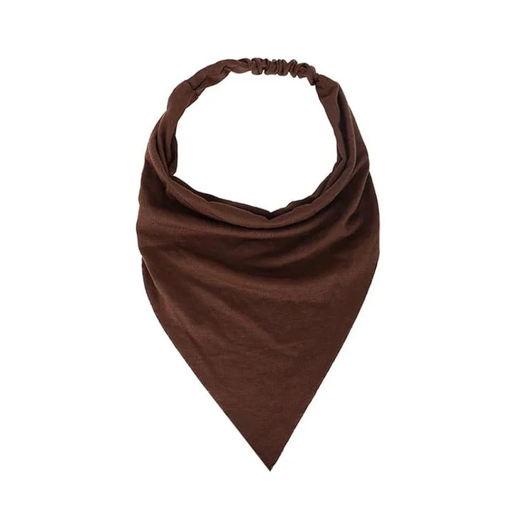 Brown triangular bandana scarf with elastic neckband on white background