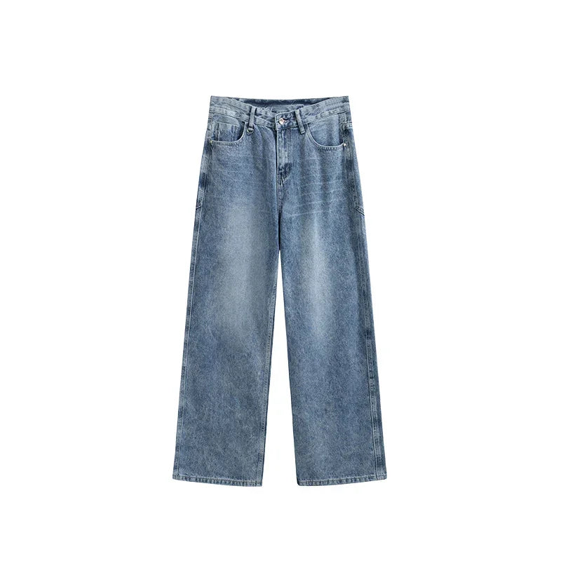 Wide-leg blue washed denim jeans with front pockets and button closure