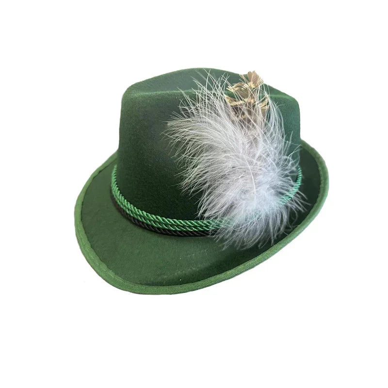 Green traditional felt hat with twisted green cord and white feather decoration