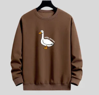 Brown sweatshirt with white cartoon goose and text on front, casual unisex pullover