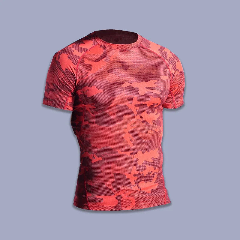 Red and pink camouflage pattern short-sleeve athletic compression shirt on gray background