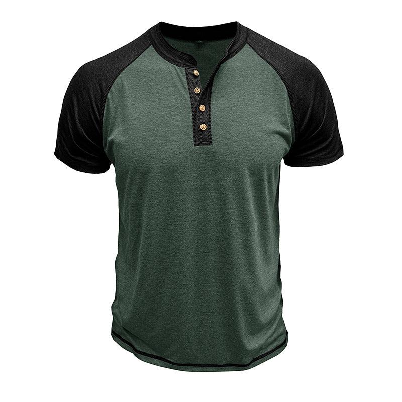 Men's green and black short sleeve henley shirt with four buttons and raglan sleeves