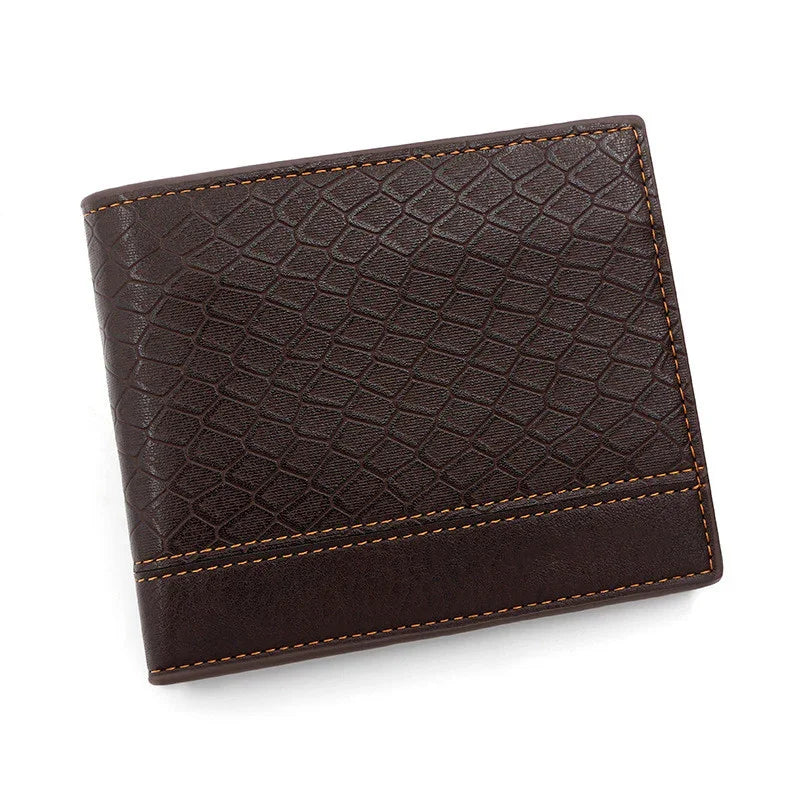 Dark brown men's leather wallet with textured pattern and orange stitching on white background