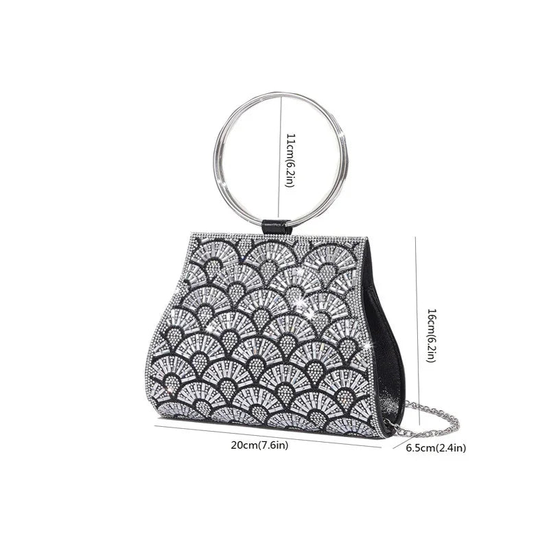 Black evening clutch bag with silver rhinestone fan pattern and large silver ring handle, dimensions shown