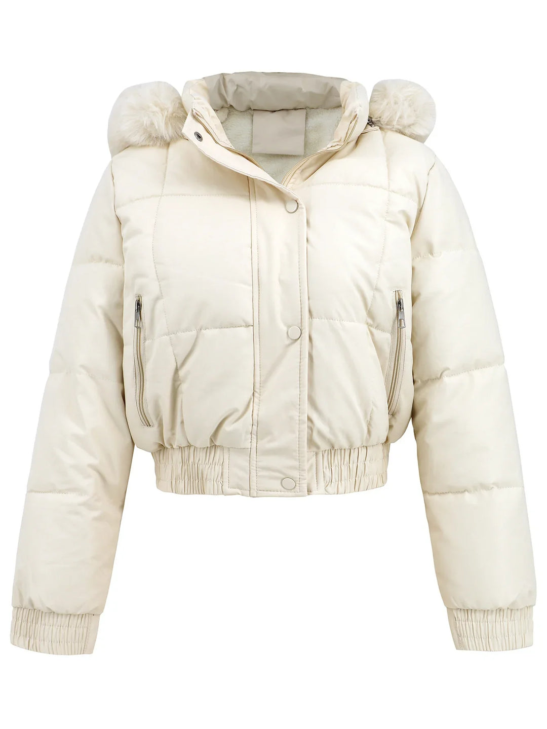 Cream cropped puffer jacket with zip pockets and faux fur pom-poms on hood