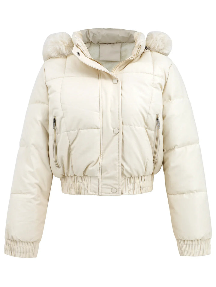 Cream cropped puffer jacket with zip pockets and faux fur pom-poms on hood