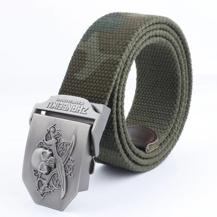olive green tactical canvas belt with metal skull and crossed swords buckle