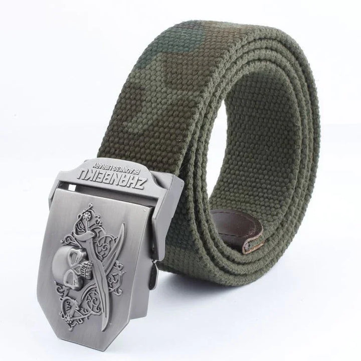 olive green tactical canvas belt with metal skull and crossed swords buckle