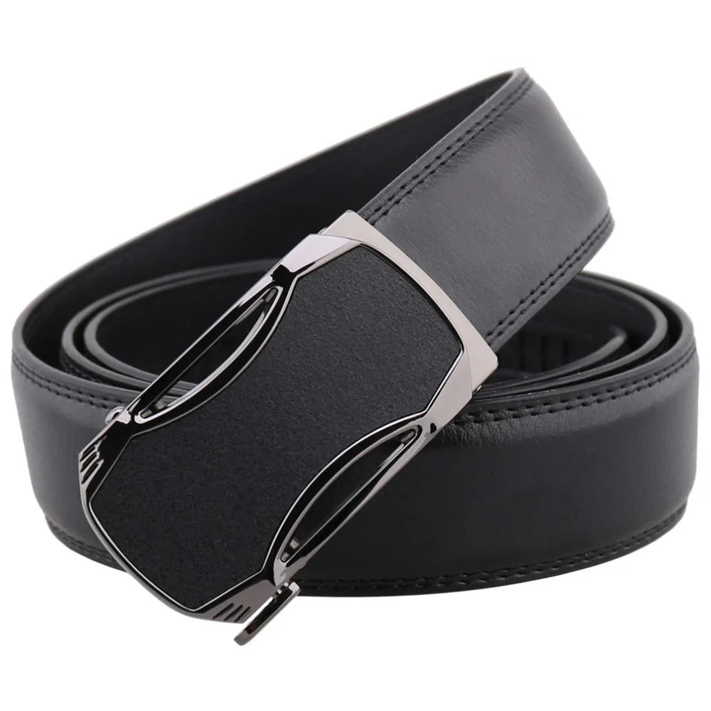 Black leather belt with sleek metallic buckle on white background