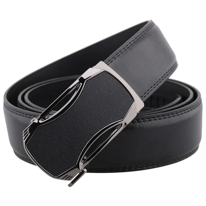 Black leather belt with sleek metallic buckle on white background
