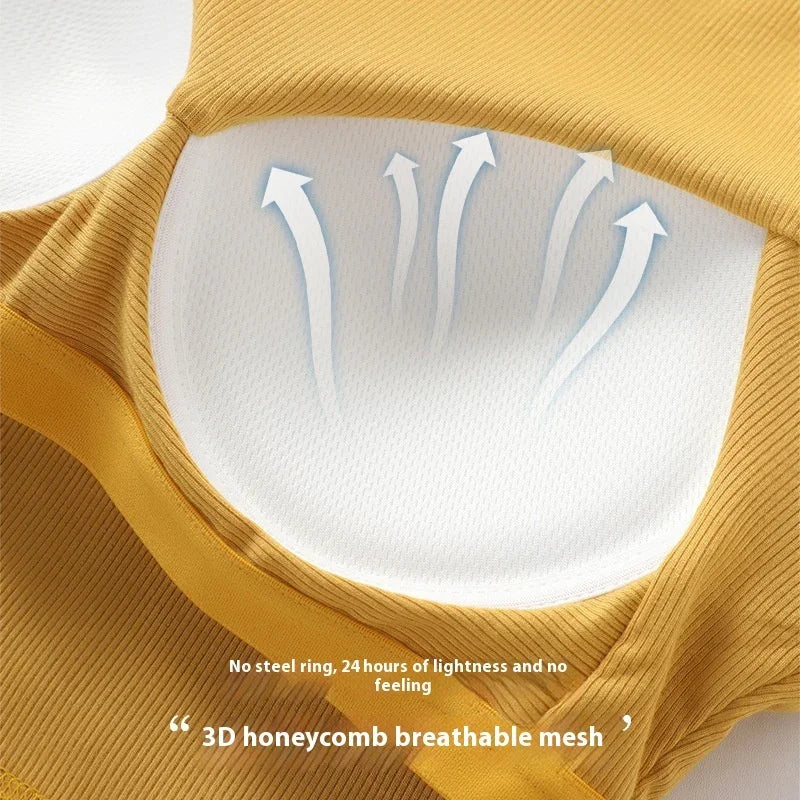 Close-up of yellow bra with 3D honeycomb breathable mesh and airflow arrows, no steel rings