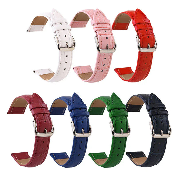 Set of colorful leather watch straps with silver buckles in white, pink, red, maroon, blue, green, and black