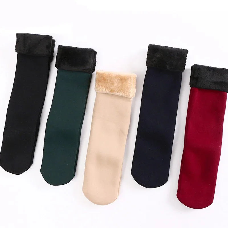 Five pairs of warm fleece-lined socks in black, dark green, beige, navy blue, and red colors on white background