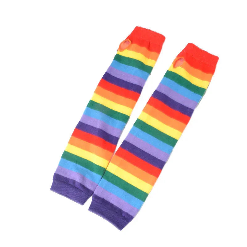Pair of rainbow-striped arm warmers with thumb holes, featuring vibrant red, orange, yellow, green, blue, and purple bands