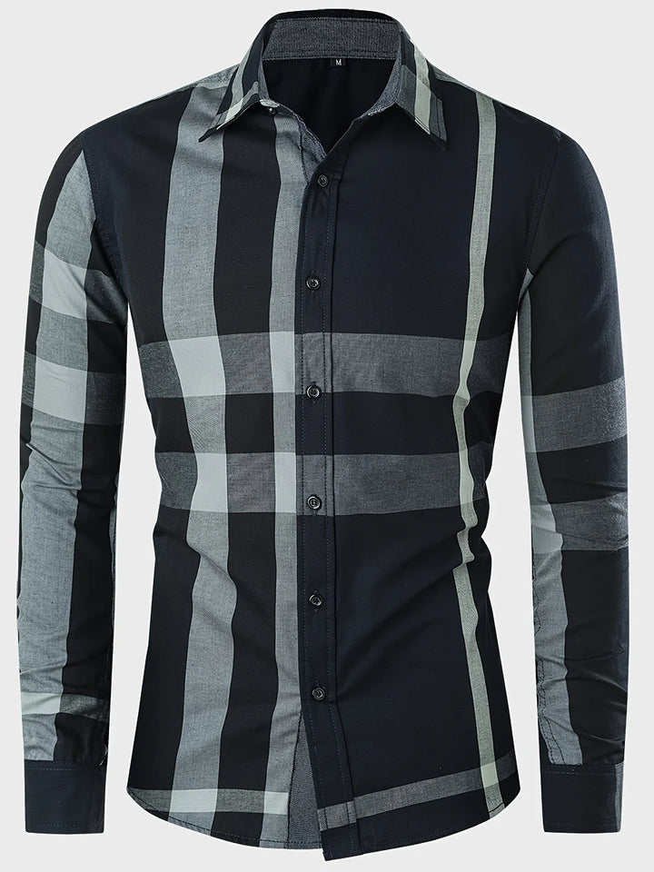 Men's slim fit black and grey plaid button-up shirt with long sleeves and collar