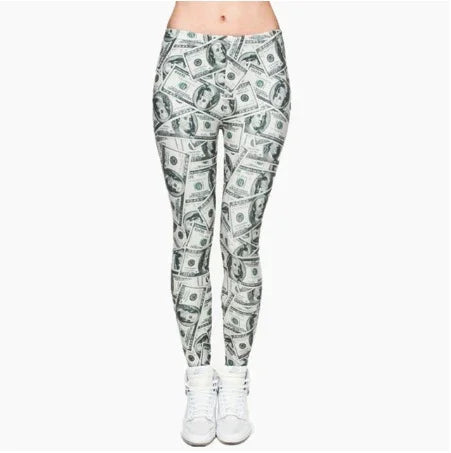 Woman wearing white leggings printed with overlapping US dollar bills and white sneakers