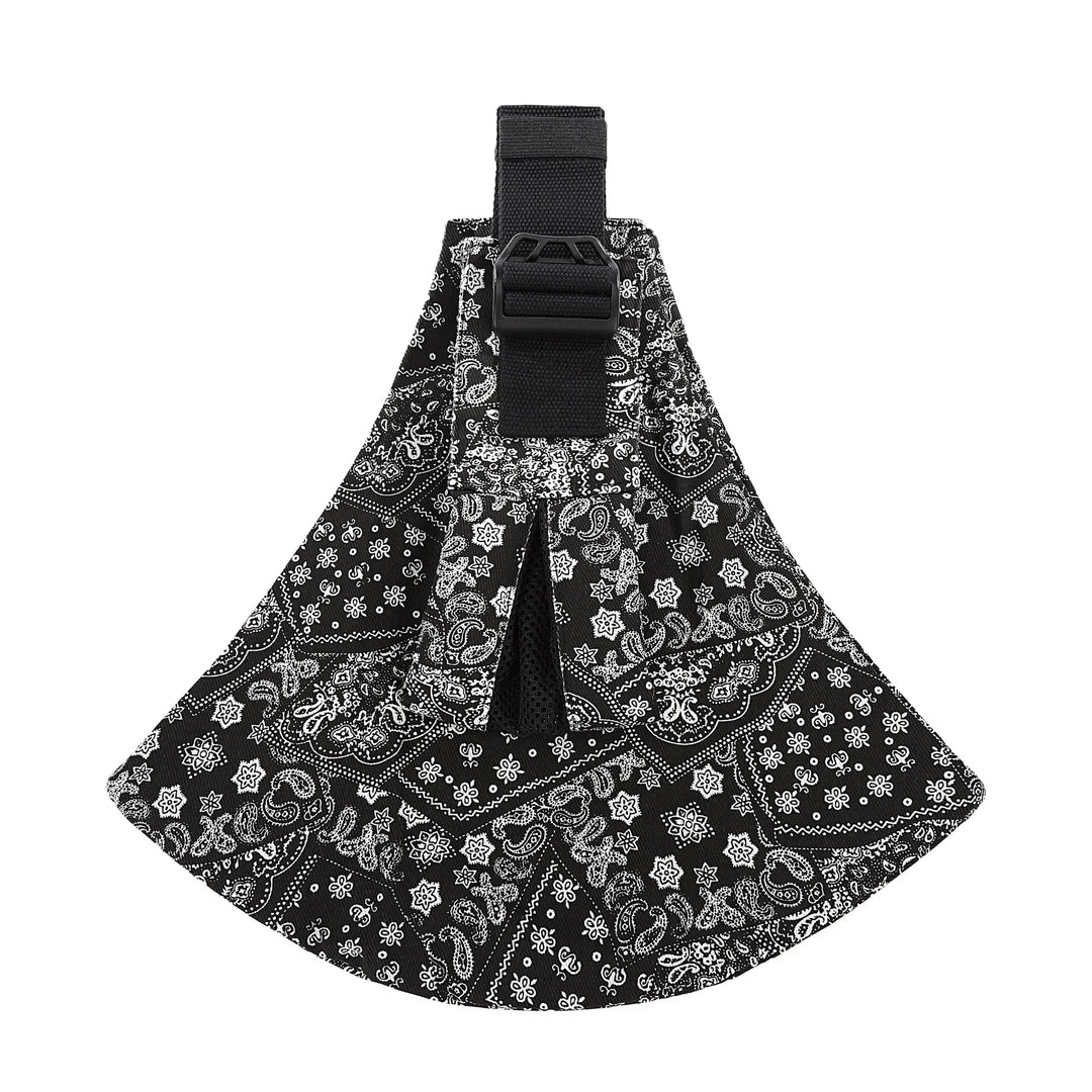Black and white bandana print dog harness with adjustable black strap and buckle
