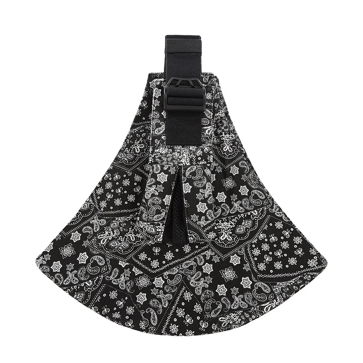 Black and white bandana print dog harness with adjustable black strap and buckle