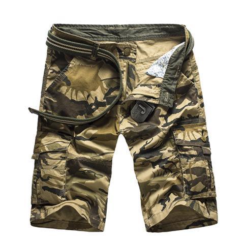 Men's camouflage cargo shorts with multiple pockets and a canvas belt on white background