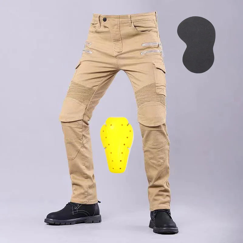 Beige motorcycle riding pants with ribbed knee panels, hip and thigh pockets, black boots, and yellow knee protector